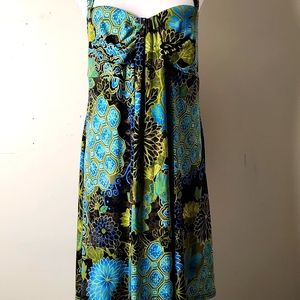 Vtg. Green Geometric Print Halter Top Milk Maid Flowy Fairy Whimsy Midi Dress